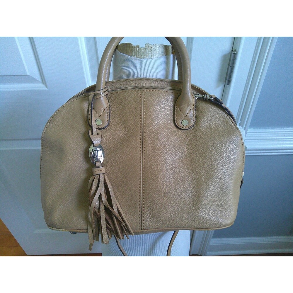 NWOT  Tignanello Tan Pebble Leather Tote Shoulder Bag Striped Lining Zip Pockets